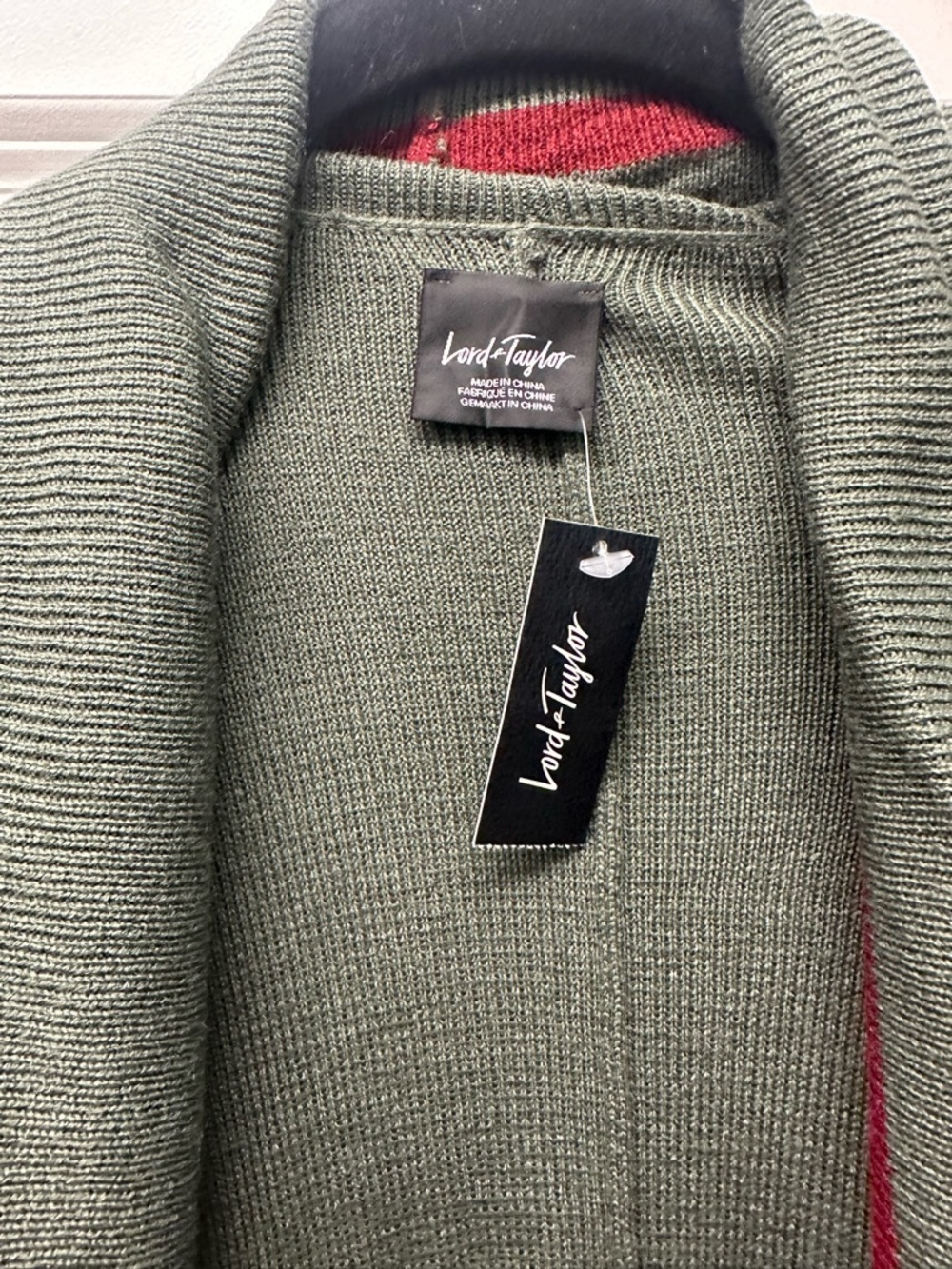 Lord & Taylor Olive Shawl with Red Accents - Picture 2 of 4